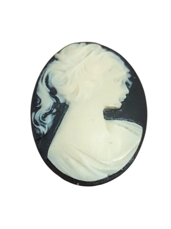 Unmarked Jewelry - Cameo Brooch Pin Roman Lady Resin Black Cream Traditional Victorian Vintage